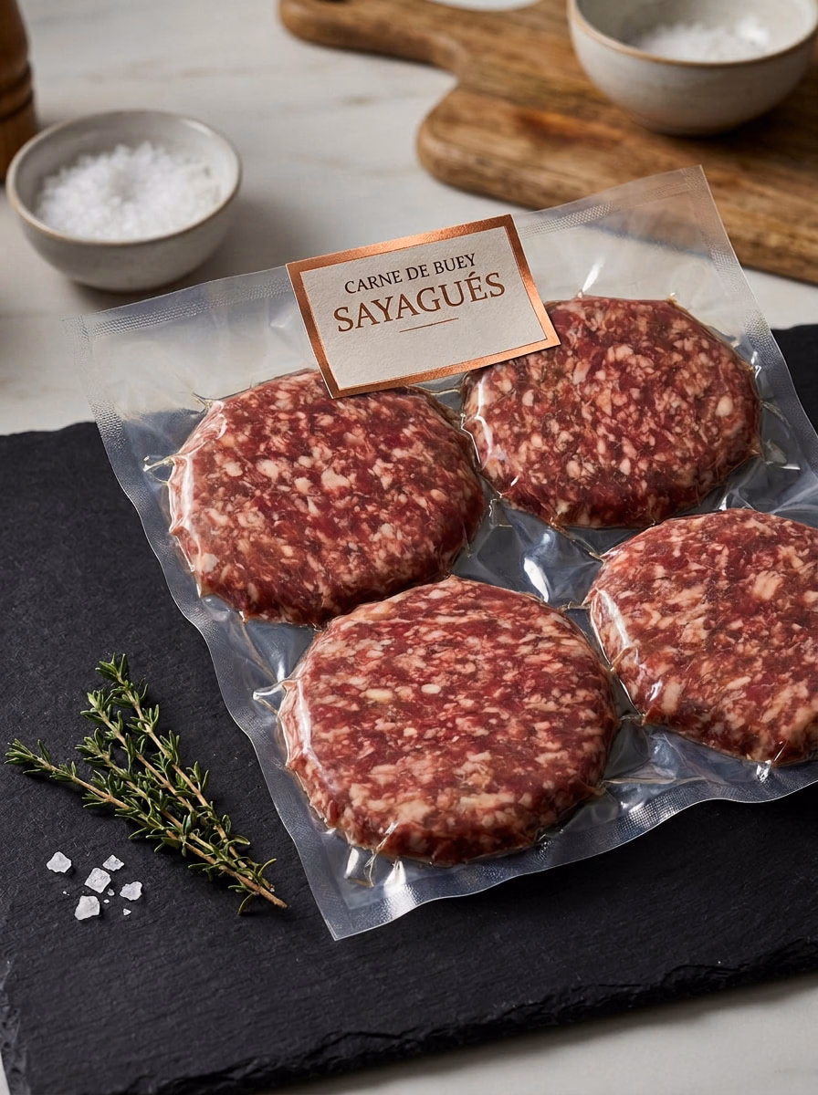 Cuatro hamburguesas de buey envasadas al vacío